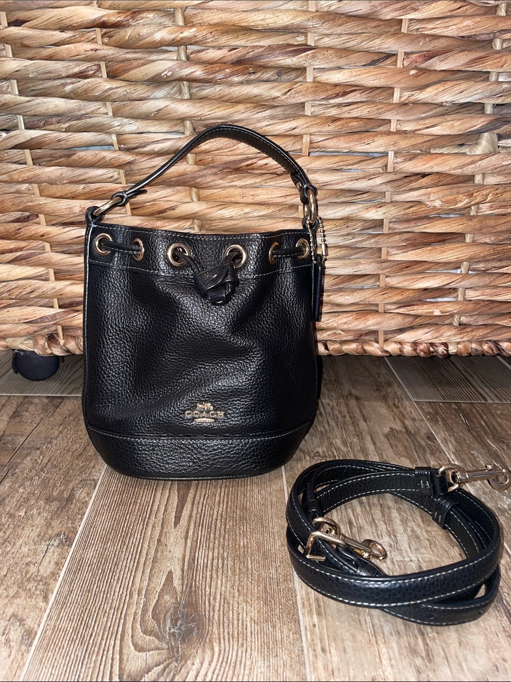Coach Black Pebbled Leather Mini Bucket Bag with Gold Hardware